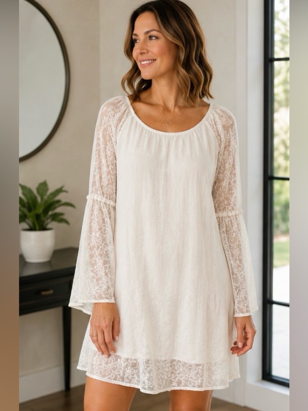 Live 4 Truth Beige Lace Dress – Long Pointed Sleeve Sz M